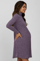 Purple Ribbed Turtleneck Maternity Dress