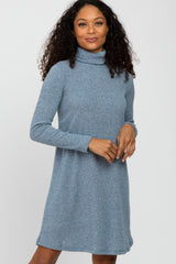Blue Ribbed Turtleneck Maternity Dress