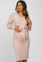 Pink Soft Brushed Waist Tie Bubble Sleeve Maternity Dress