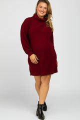Burgundy Brushed Rib Turtleneck Maternity Plus Dress
