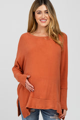 Orange Soft Brushed Knit Dolman Sleeve Side Slit Maternity Top