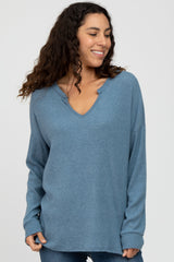 Blue Ribbed Split Neck Maternity Knit Top