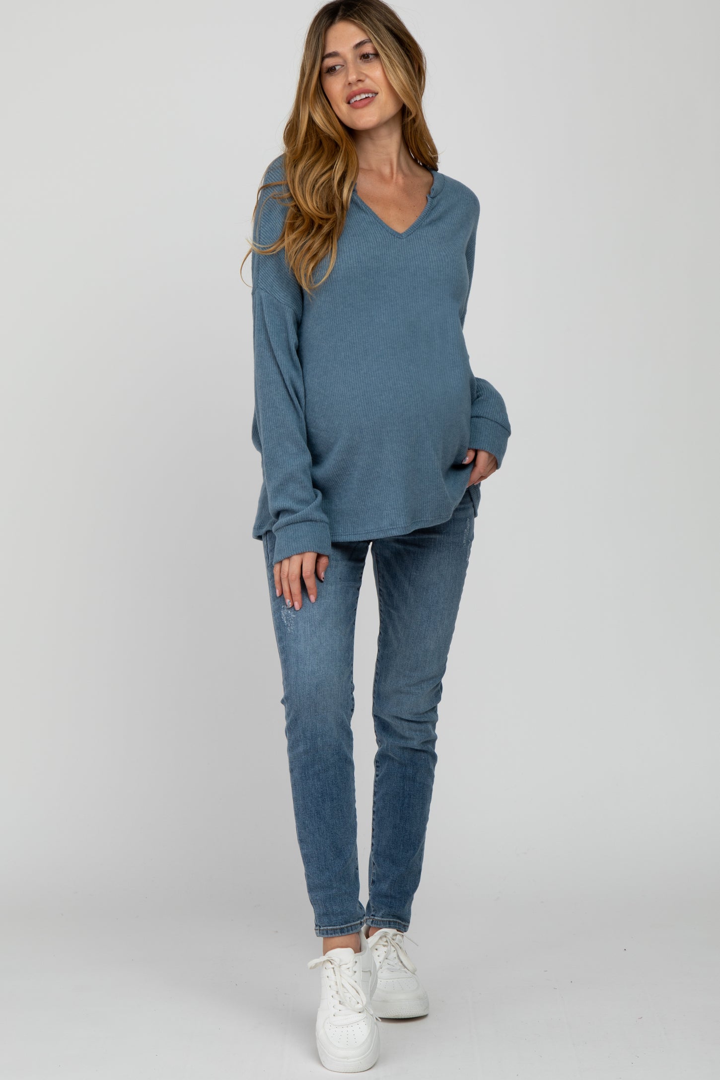 Blue Ribbed Split Neck Maternity Knit Top
