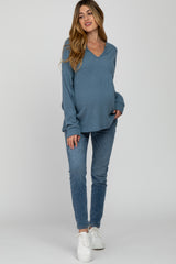 Blue Ribbed Split Neck Maternity Knit Top