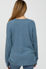 Blue Ribbed Split Neck Maternity Knit Top