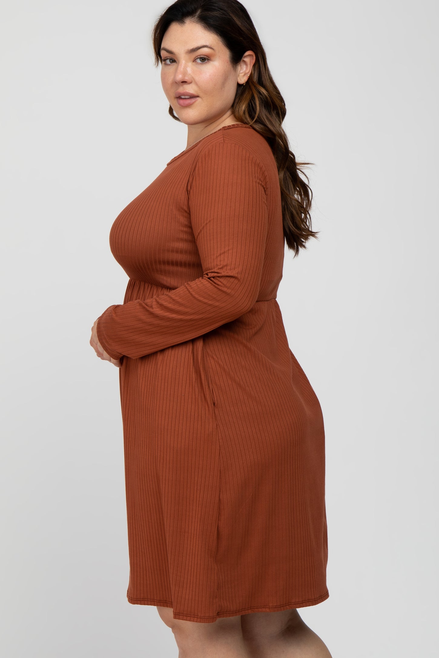 Rust Ribbed Long Sleeve Plus Dress