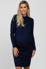 Navy Blue Ruched Hooded Maternity Dress