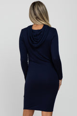 Navy Blue Ruched Hooded Maternity Dress