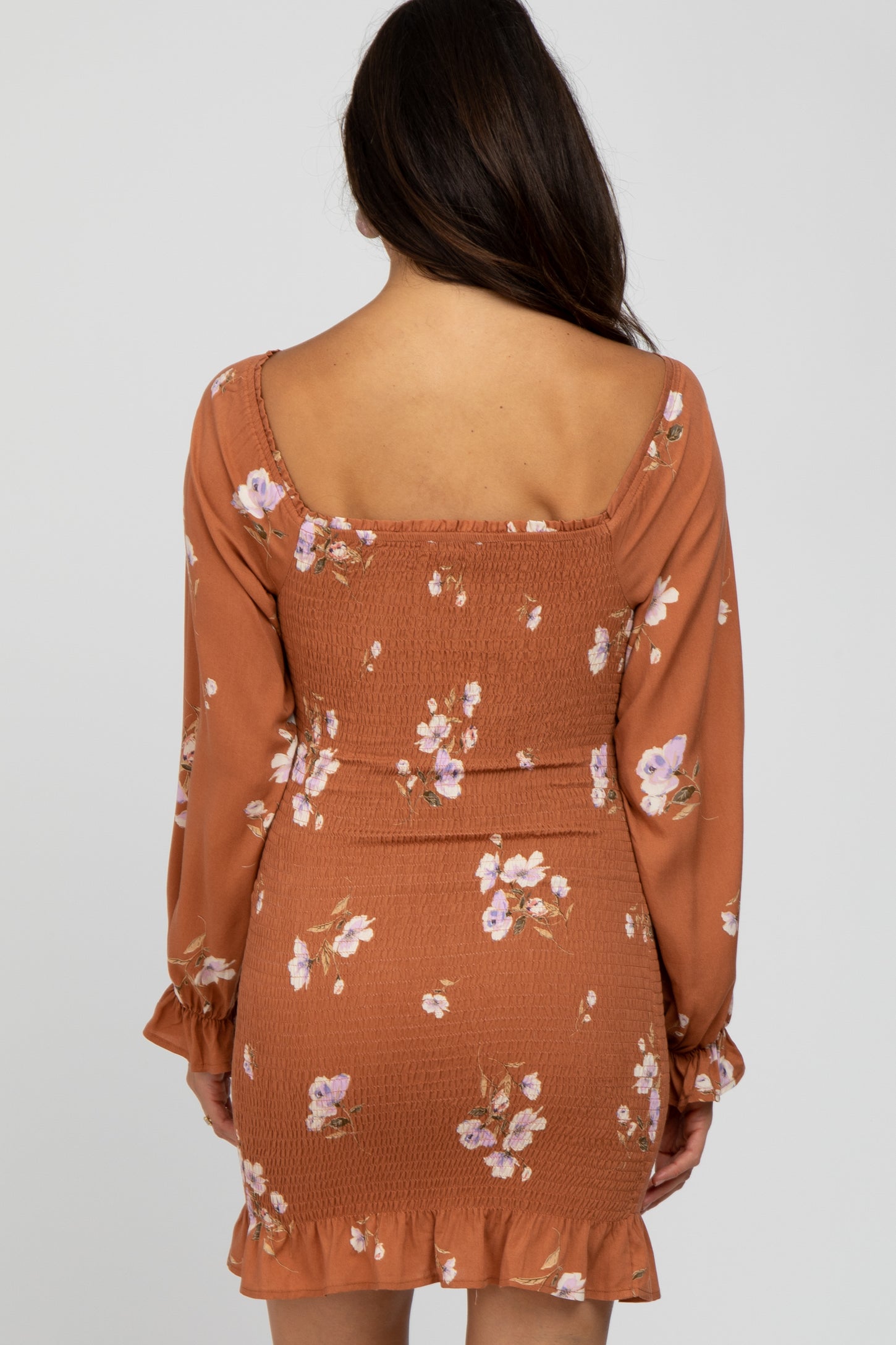 Camel Floral Long Sleeve Smocked Mini Dress