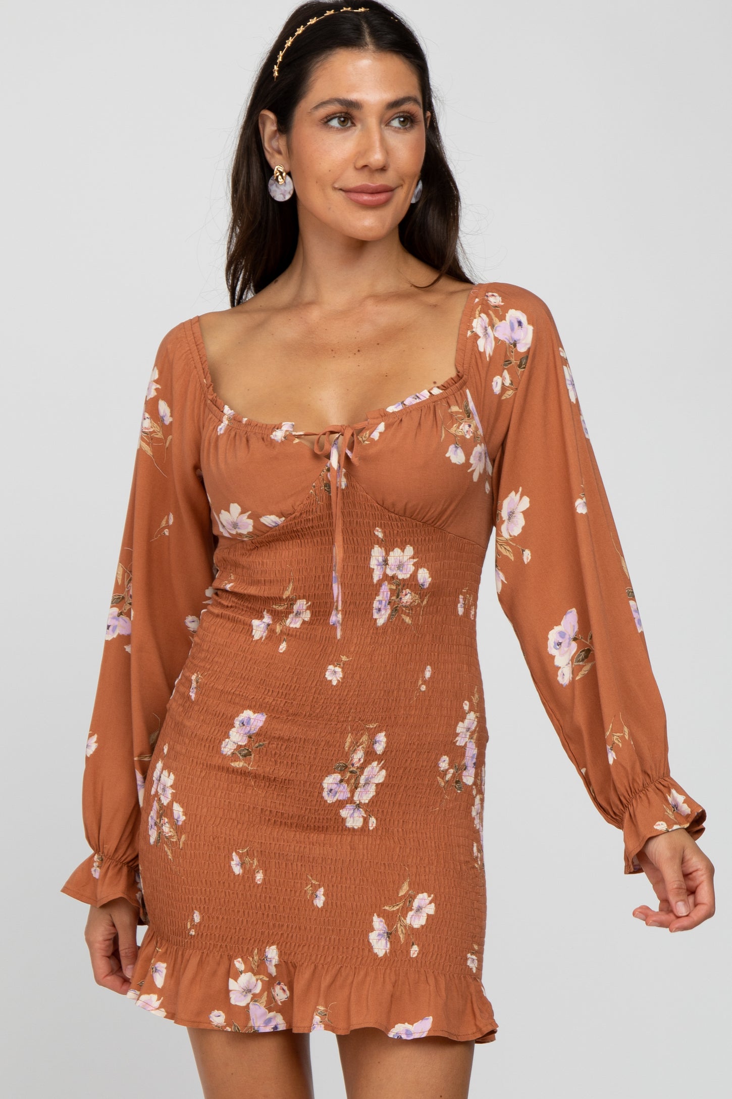 Camel Floral Long Sleeve Smocked Mini Dress PinkBlush Camel Floral Long Sleeve Smocked Mini Dress PinkBlush