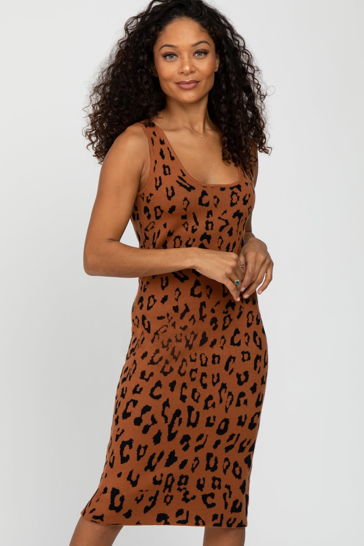 Rust Cheetah Print Sleeveless Sweater Midi Dress
