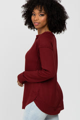 Burgundy Split Neck Exposed Seam Long Sleeve Top