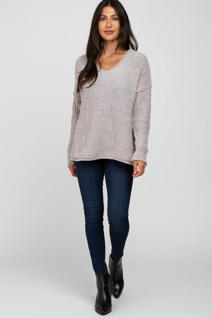Beige Chenille V-Neck Hooded Sweater