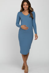 Blue Ribbed Fitted Long Sleeve Maternity Dress