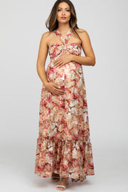 Pink Floral Burnout Halter Neck Maternity Gown
