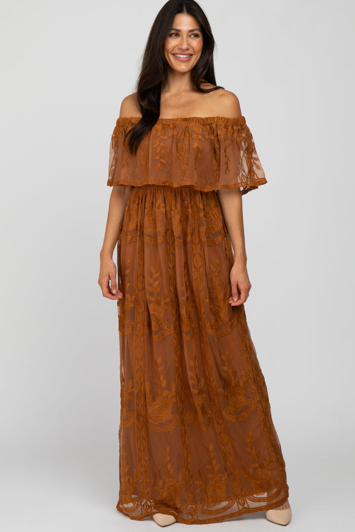 Camel Lace Overlay Off Shoulder Flounce Maxi Dress