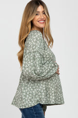 Olive Floral Print Balloon Sleeve Maternity Top
