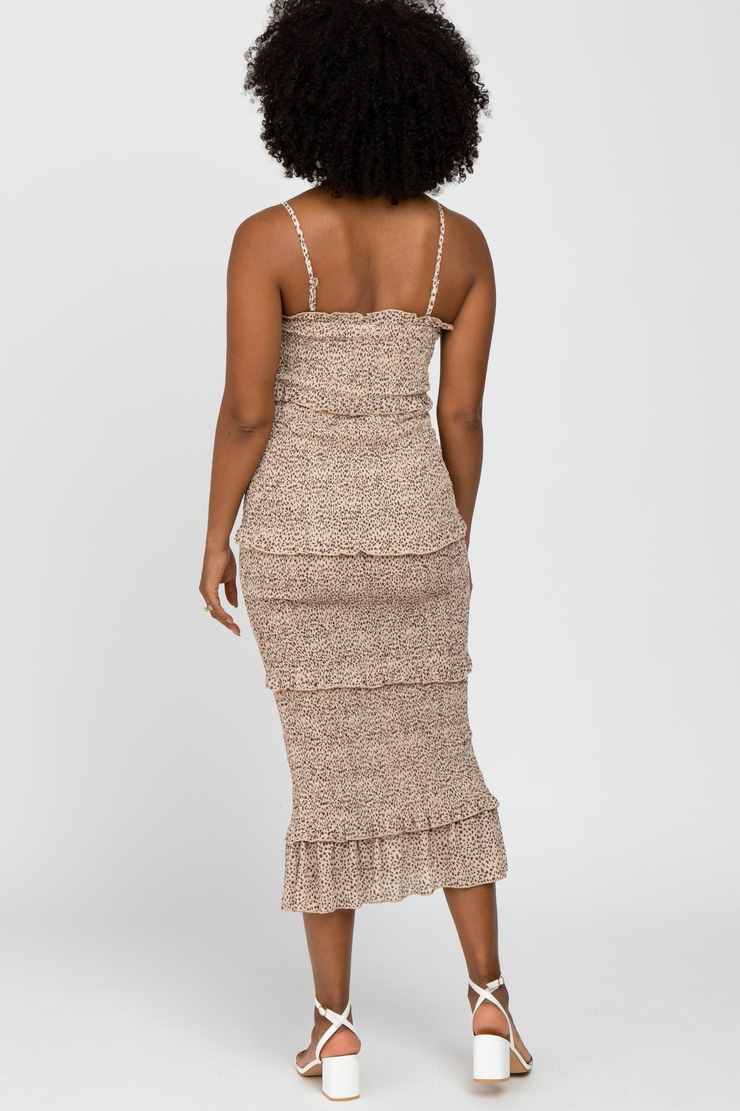 Taupe Animal Print Smocked Fitted Midi Dress