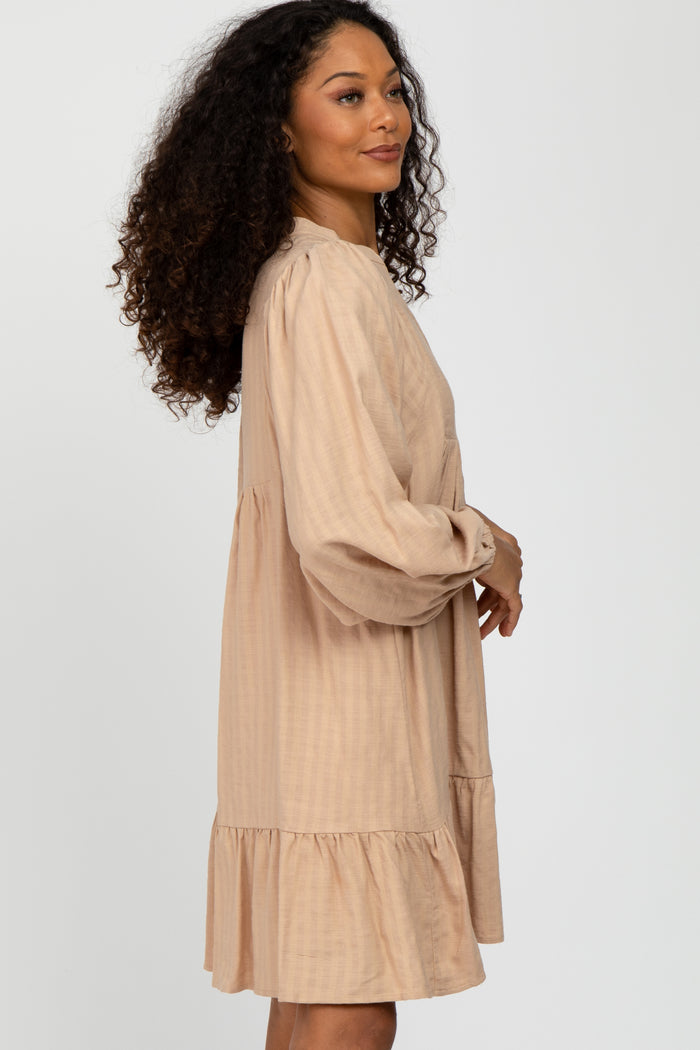 Beige Linen Button Front Ruffle Hem Dress