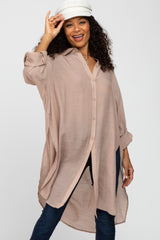 Taupe Button Front Side Slit Oversized Blouse