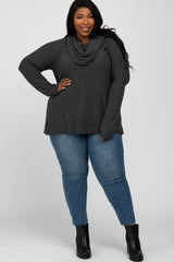 Charcoal Brushed Knit Cowl Neck Long Sleeve Plus Top