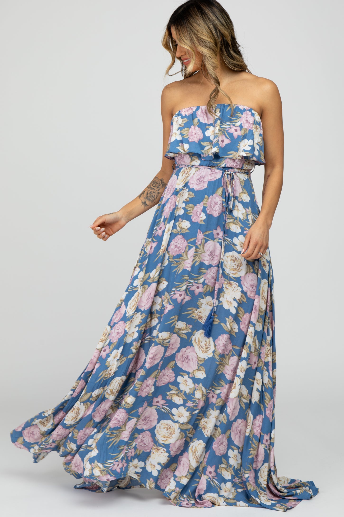 Blue Floral Strapless Ruffle Front Maternity Maxi Dress