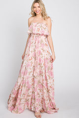 Pink Floral Strapless Ruffle Front Maxi Dress