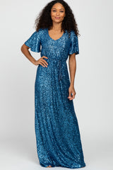 Blue Sequin Short Sleeve Maternity Maxi Dress