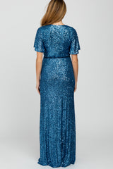 Blue Sequin Short Sleeve Maternity Maxi Dress