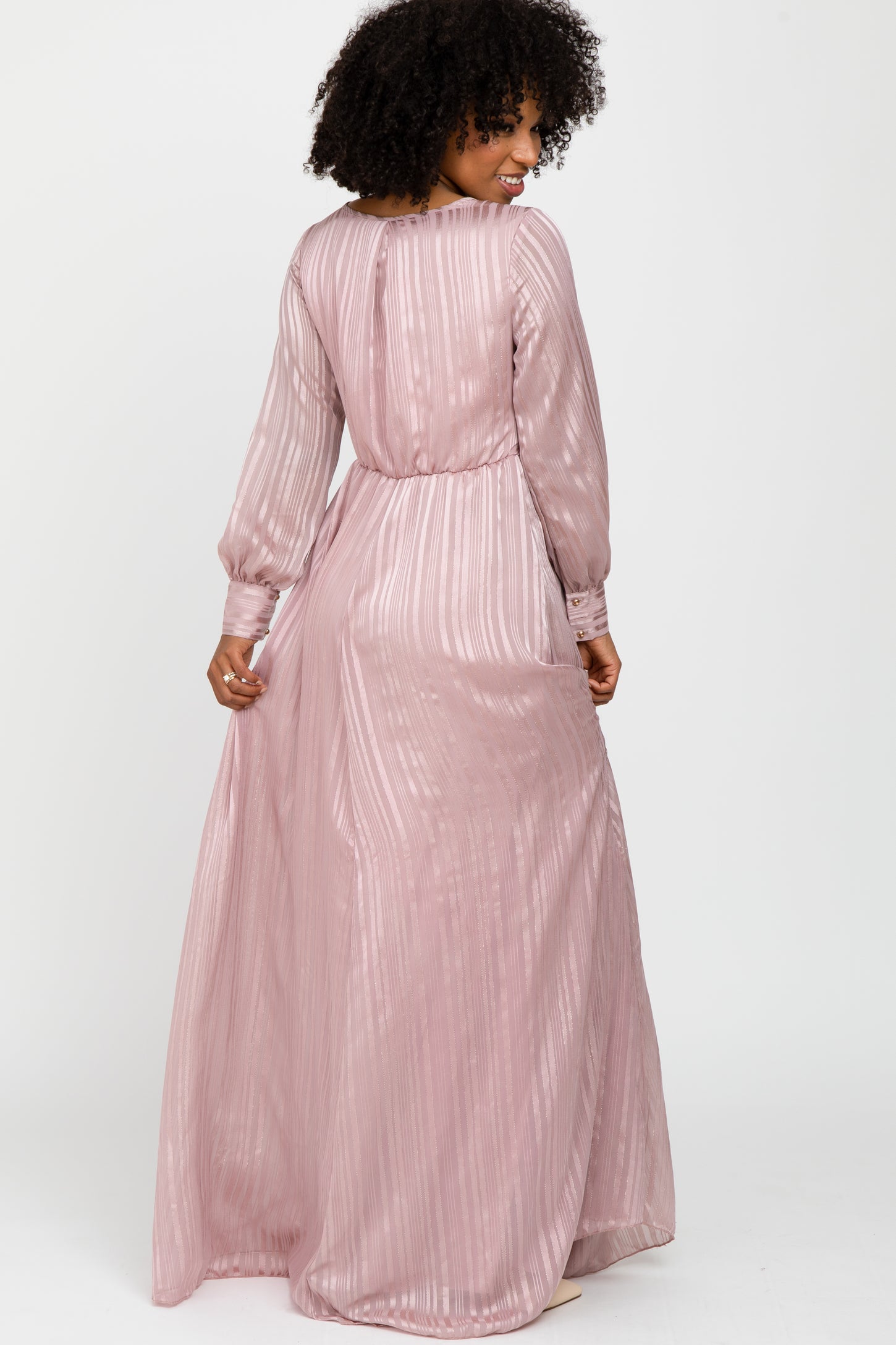 Pink Striped Shimmer Chiffon Maxi Dress