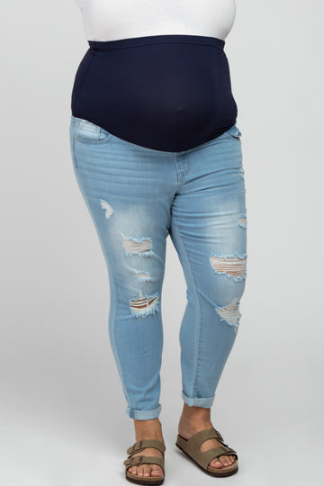 Light Blue Distressed Rolled Hem Maternity Plus Crop Jeans