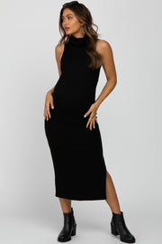 Black Ribbed Turtleneck Fitted Midi Maternity Dress
