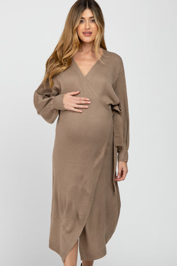 Mocha Wrap Sweater Knit Maternity Midi Dress