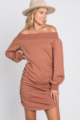 Salmon Off Shoulder Ruched Side French Terry Maternity Dress