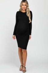 Black Ribbed Fitted Long Sleeve Maternity Dress