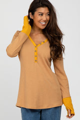Yellow Waffle Knit Button Front Colorblock Maternity Top