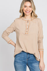 Beige Ribbed Top Stitch Long Sleeve Maternity Top
