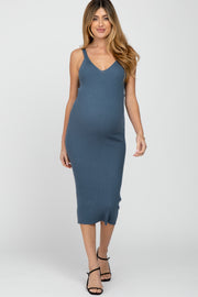 Blue Sleeveless V-Neck Maternity Sweater Dress