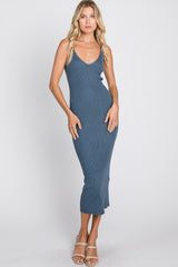 Blue Sleeveless V-Neck Sweater Dress