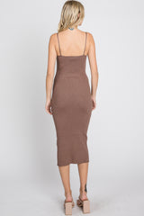 Mocha Ribbed Square Neck Sleeveless Midi Dress