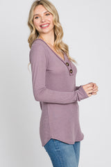Purple Waffle Knit Button Accent Top