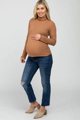 Camel Thermal Knit Turtle Neck Maternity Top
