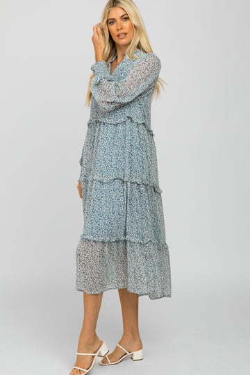 Light Blue Floral Print Ruffle Tiered Dress