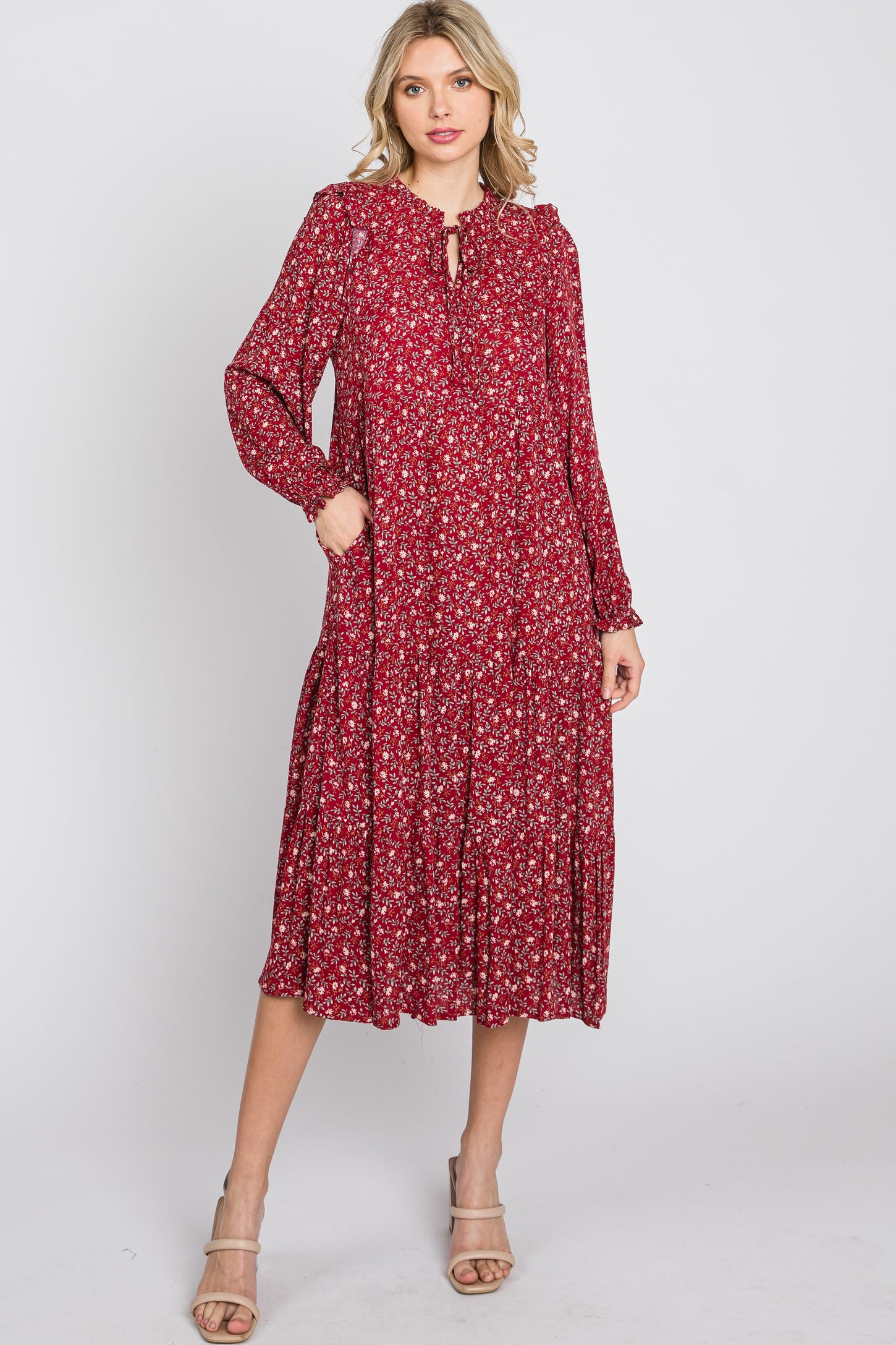 Red Floral Tiered Long Sleeve Midi Dress