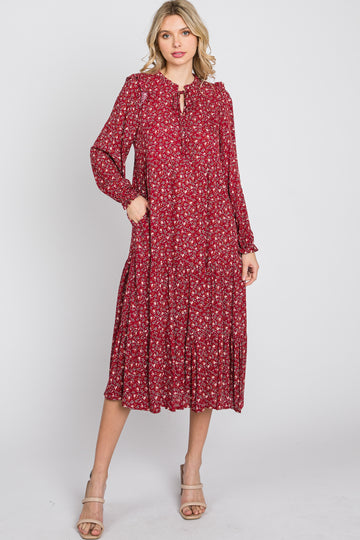 Red Floral Tiered Long Sleeve Midi Dress