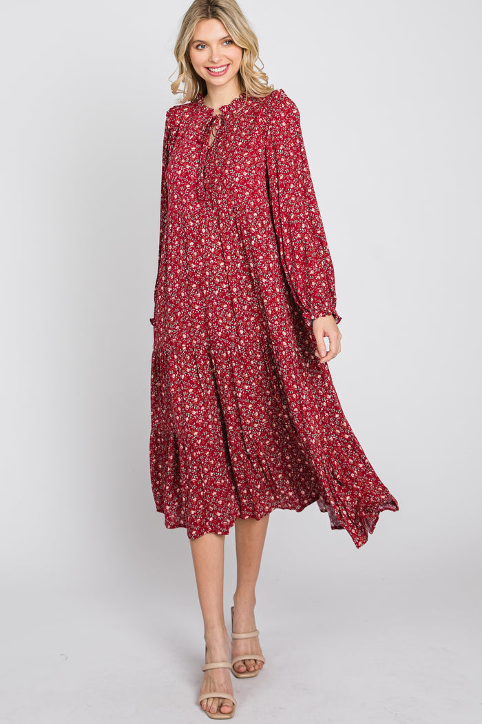 Red Floral Tiered Long Sleeve Midi Dress