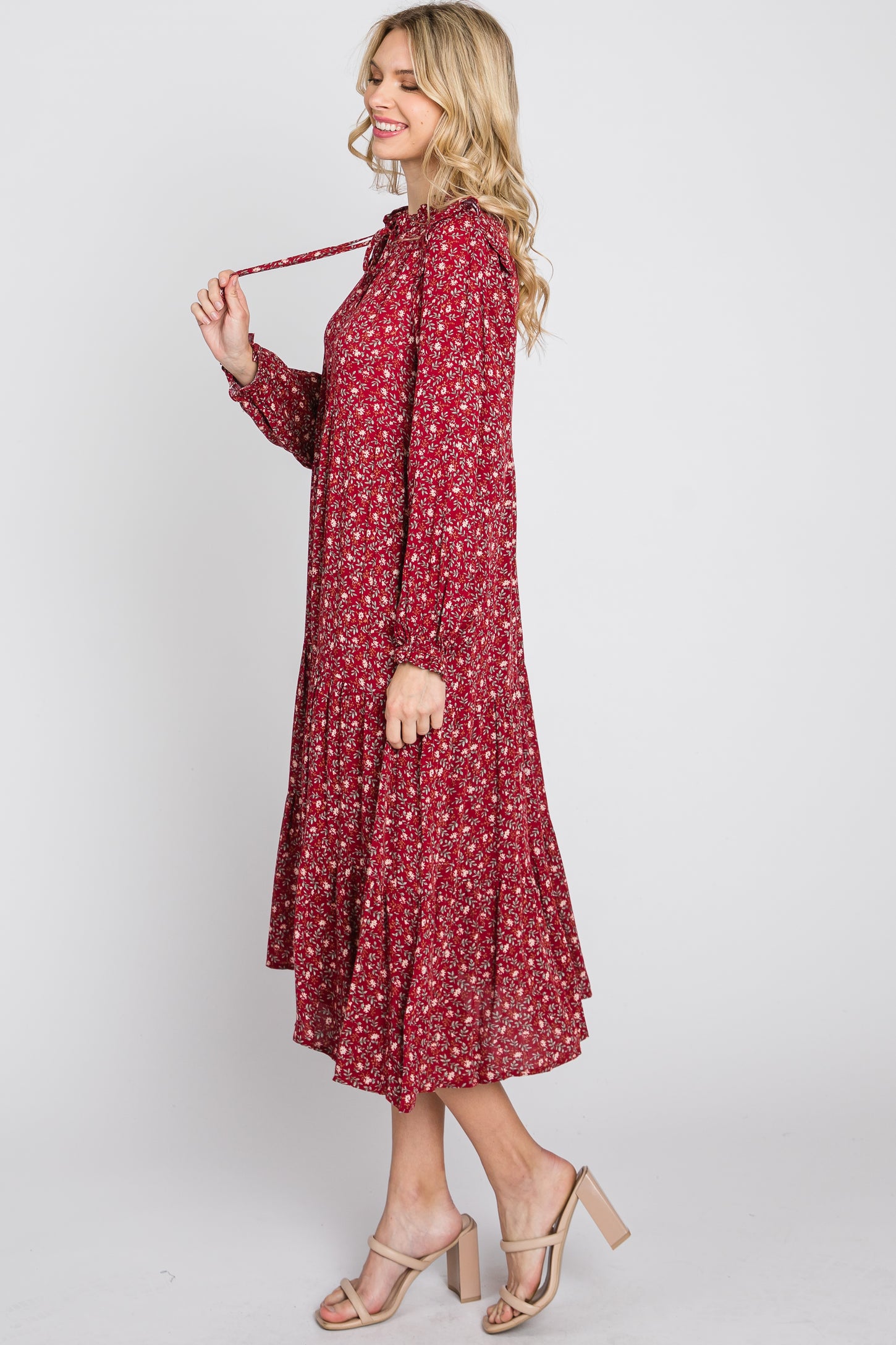 red floral long sleeve midi dress Floral Print Long Sleeve Square Neck Midi Dress Red / L