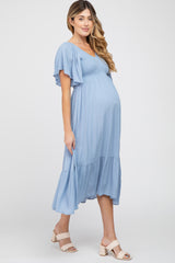 Blue Smocked Ruffle Maternity Dress