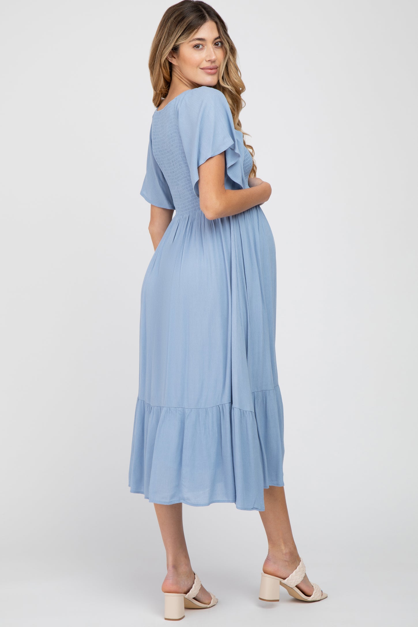 Blue Smocked Ruffle Maternity Dress