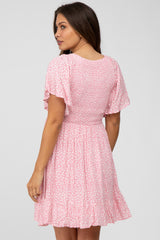 Light Pink Floral Print Smocked V-Neck Maternity Dress